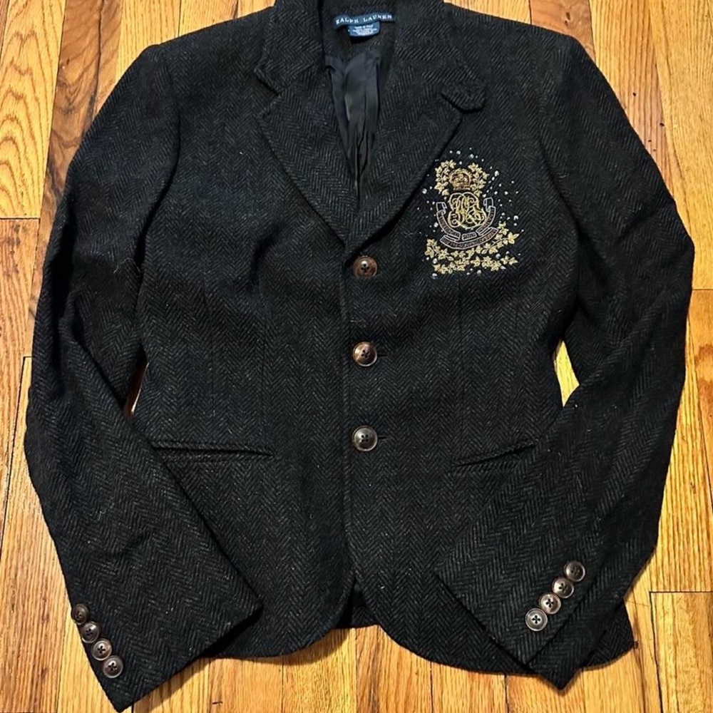 Vintage Ralph Lauren Blue Label Black Herringbone Blazer w/Gold RL Crest SZ: 6
